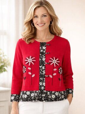 Bobbie C Red Colorful Embelisshed Cotton Womens Cardigan Size Small